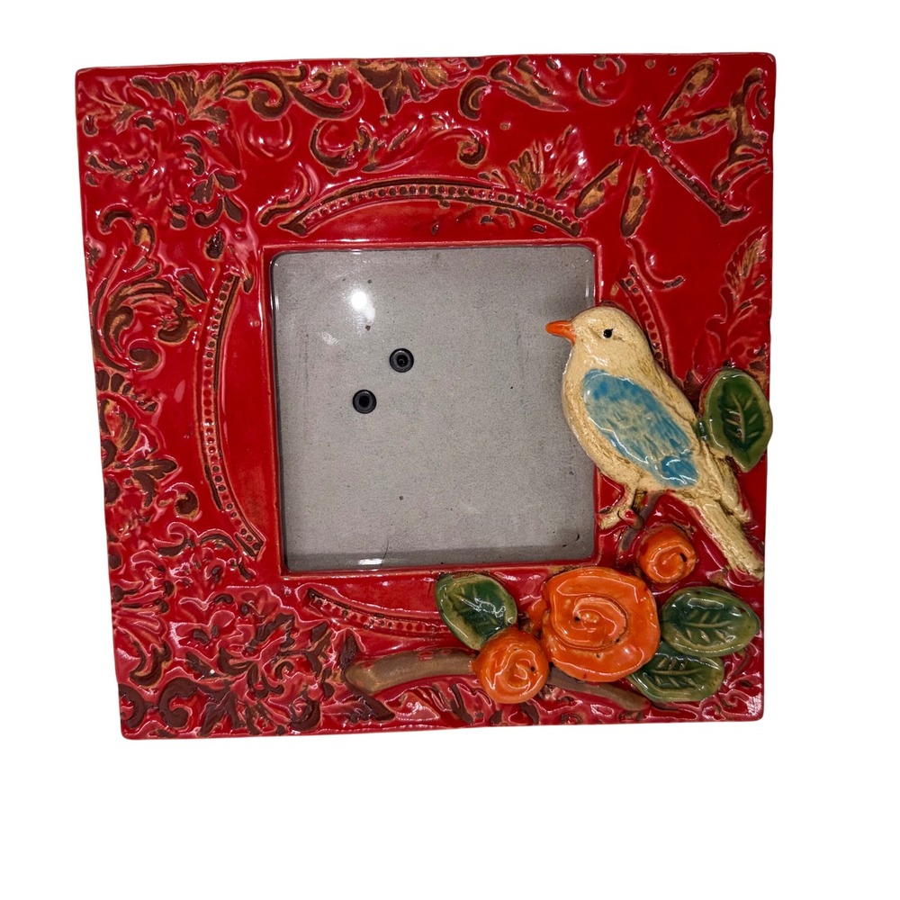 Red Ceramic Bird and Flower Embossed Photo Frame Square 4x4 Cottagecore